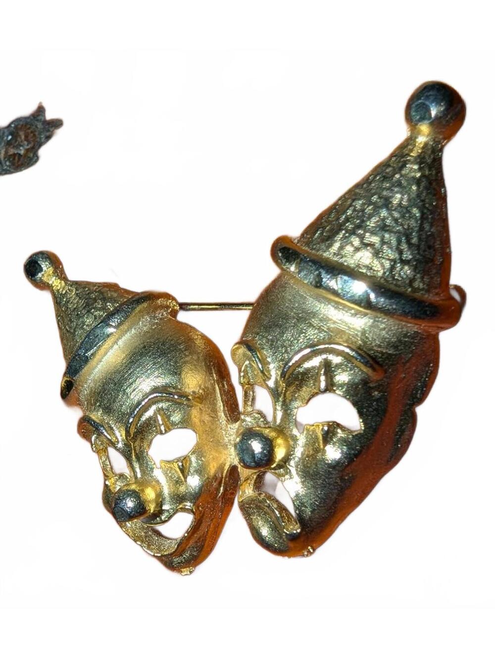 Vintage Gold Tone Comedy and Tragedy Mask Brooch Pin